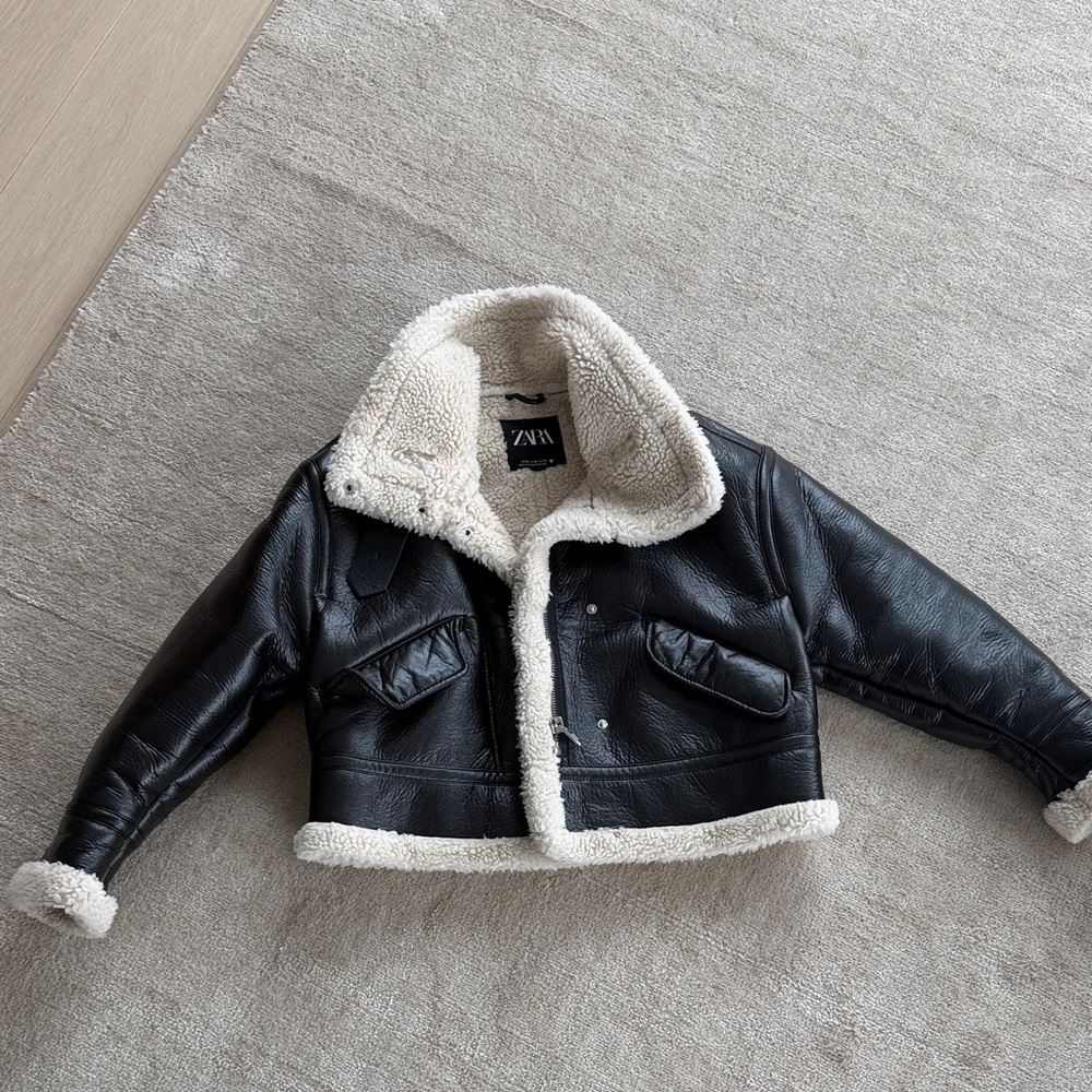 Zara Black Shearling faux Leather Jacket with Cream Lining